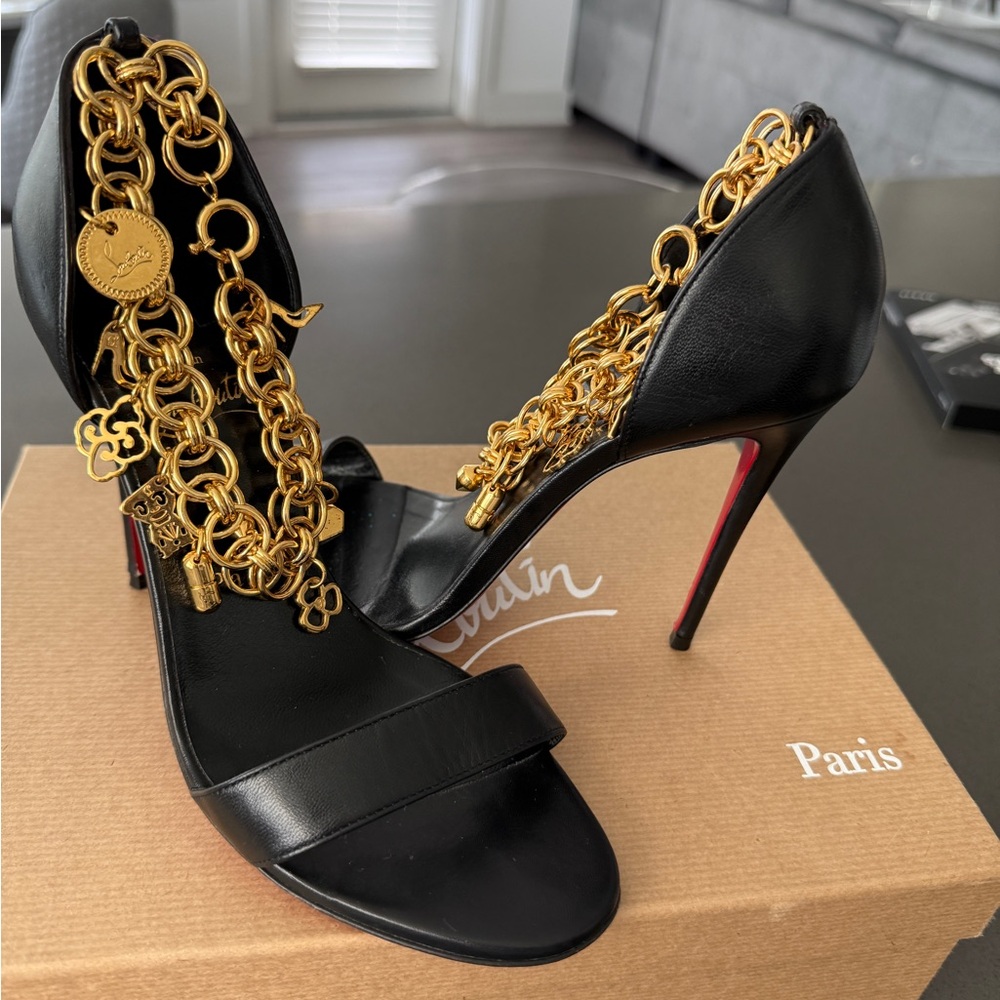 Christian Louboutin Black Heels with Gold Chain Accents